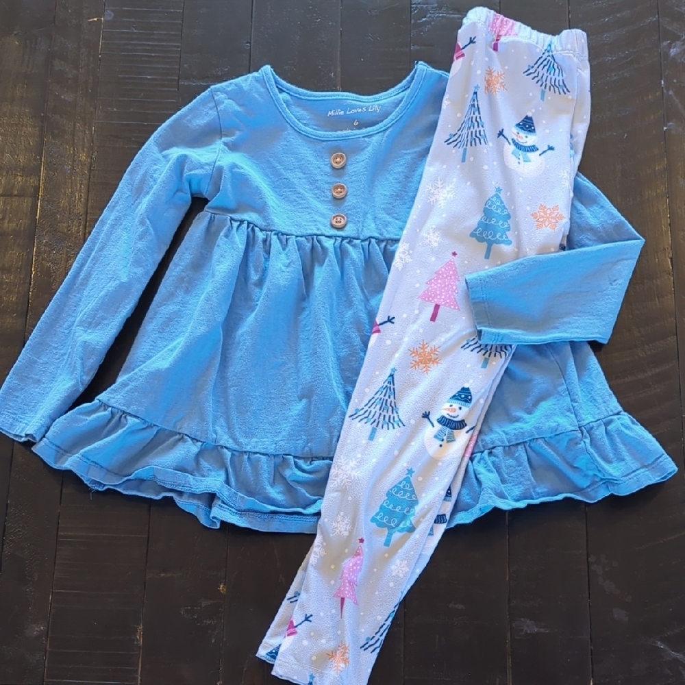 Blue Kids Peplum and Leggings Set with Snowman Print
